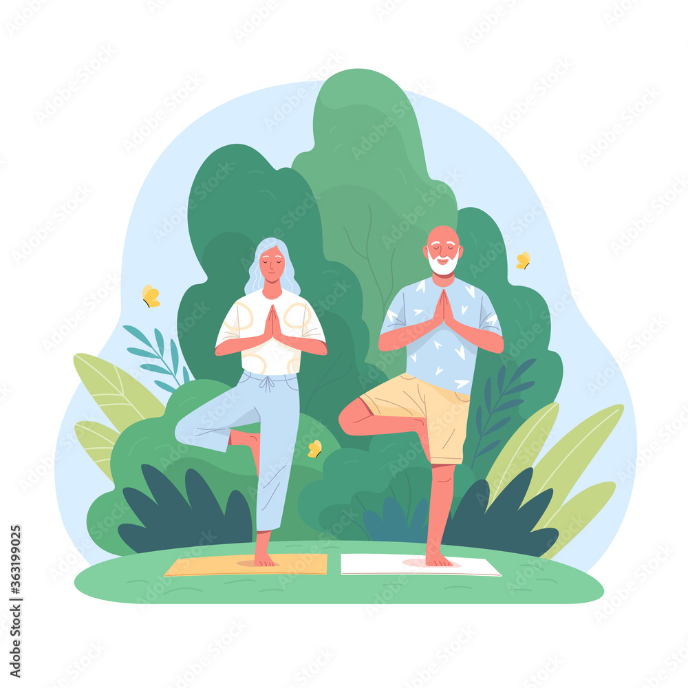 Senior couple practicing tree pose yoga in a lush green garden with butterflies.