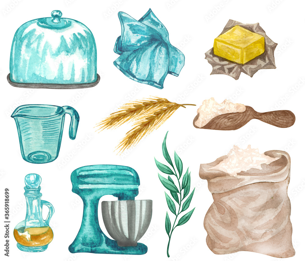 Watercolor illustration of baking ingredients and tools including flour, butter, wheat, mixer, measuring cup, oil, herbs, and cloche.