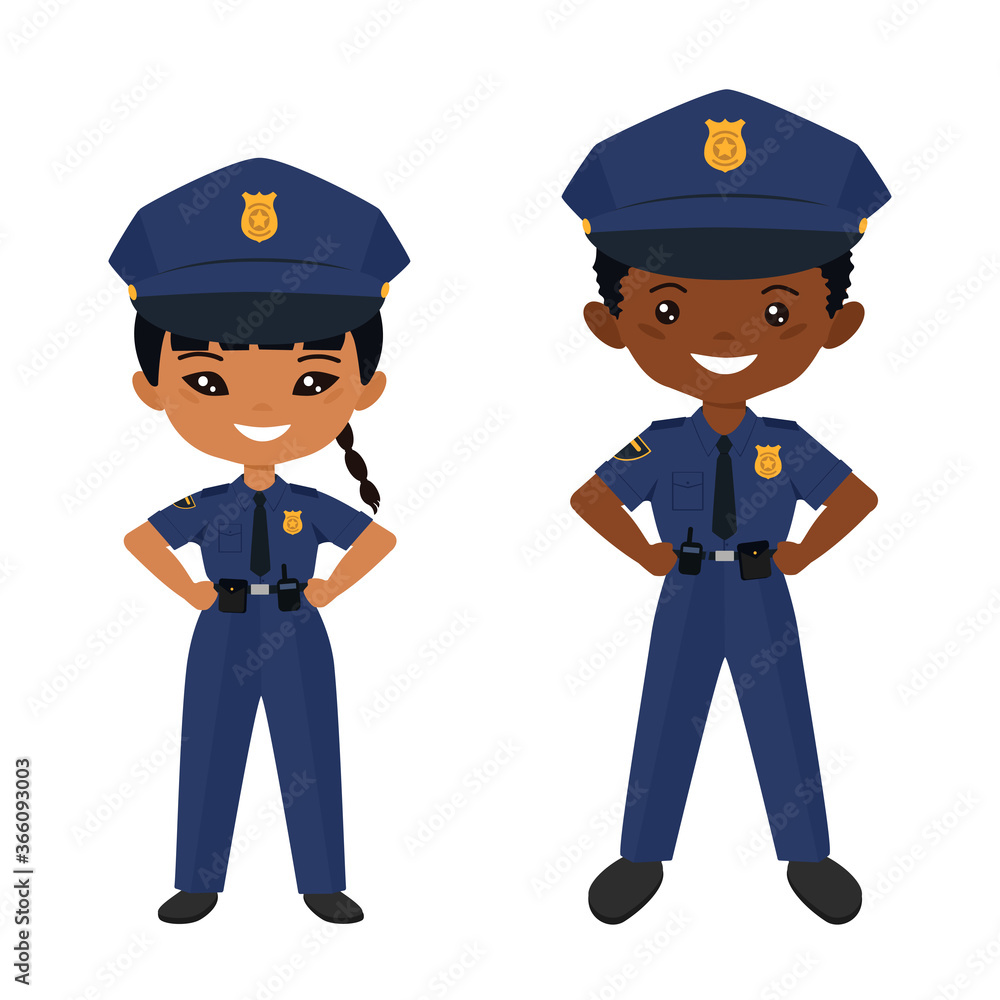 Two smiling cartoon police officers-a girl with braids and a boy-standing confidently in blue uniforms with badges and hats.