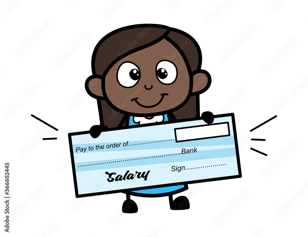 Smiling cartoon girl holding a large "Salary" paycheck with excitement.