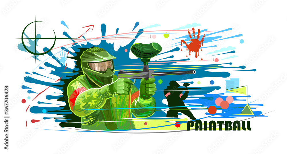 A dynamic paintball player in green gear aiming a marker, with splatter effects, targets, and action elements surrounding them.