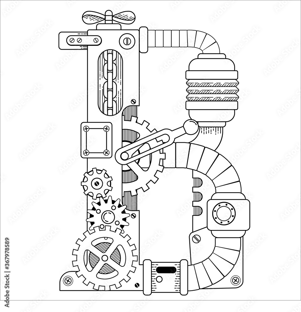 Steampunk-style mechanical letter B composed of gears, pipes, chains, and valves in black-and-white line art.