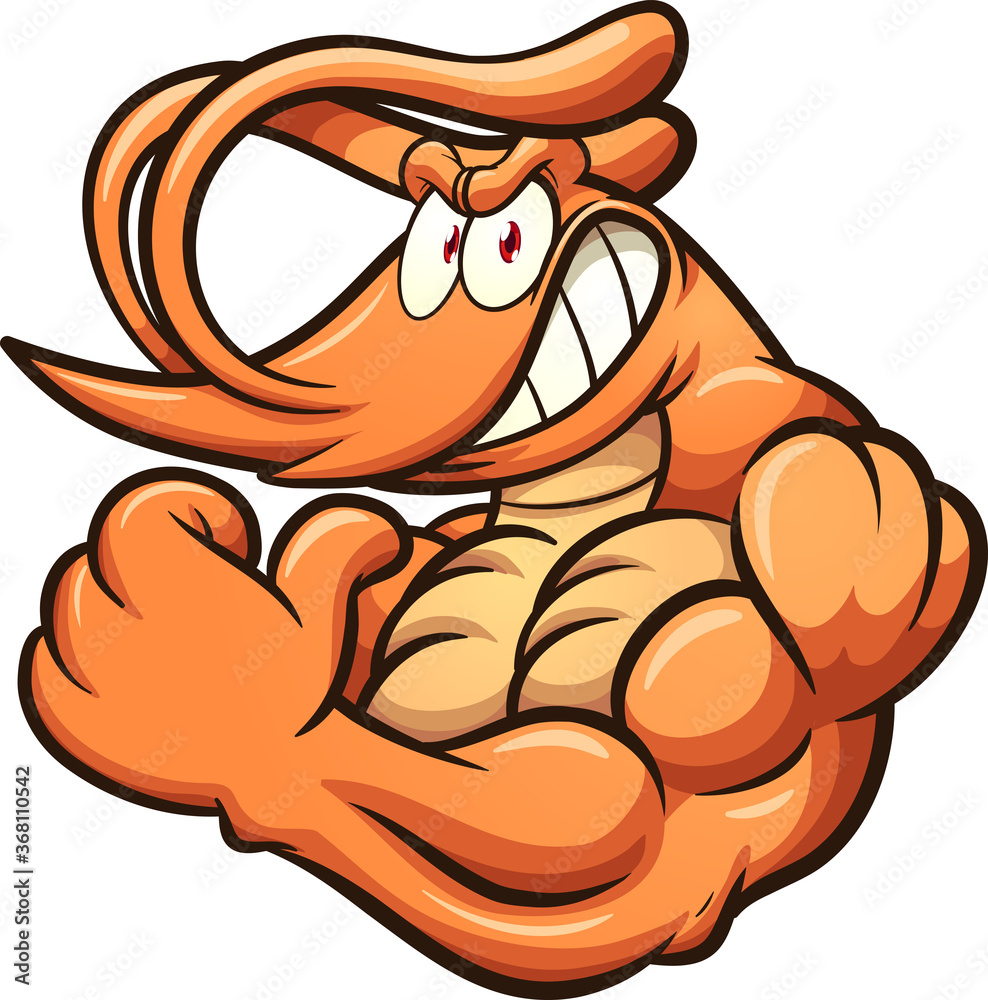 Muscular orange cartoon shrimp flexing with angry expression and swirling antennae.