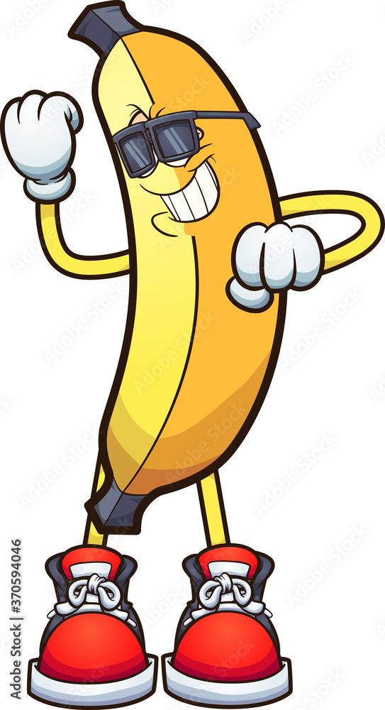Cool cartoon banana wearing sunglasses, gloves, and red sneakers, striking a confident pose.
