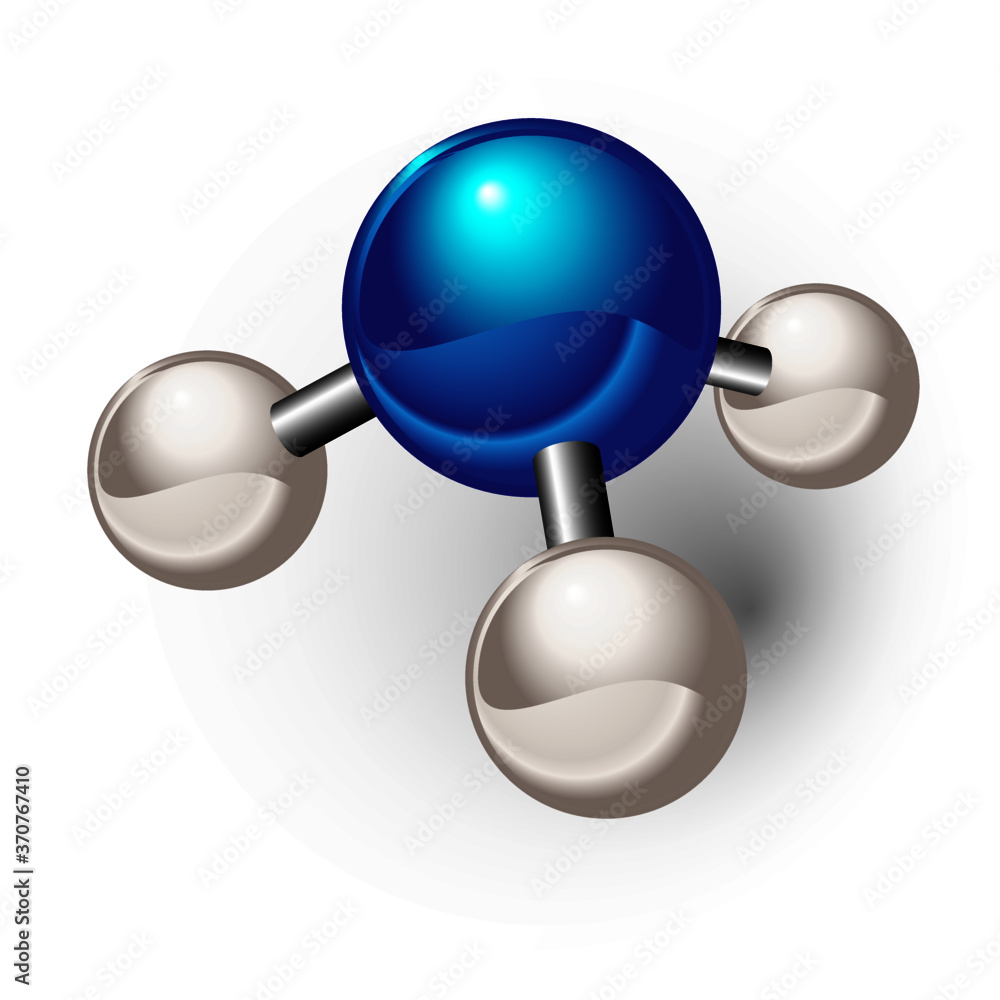 3D molecular model with one blue central atom bonded to three silver atoms in tetrahedral arrangement.