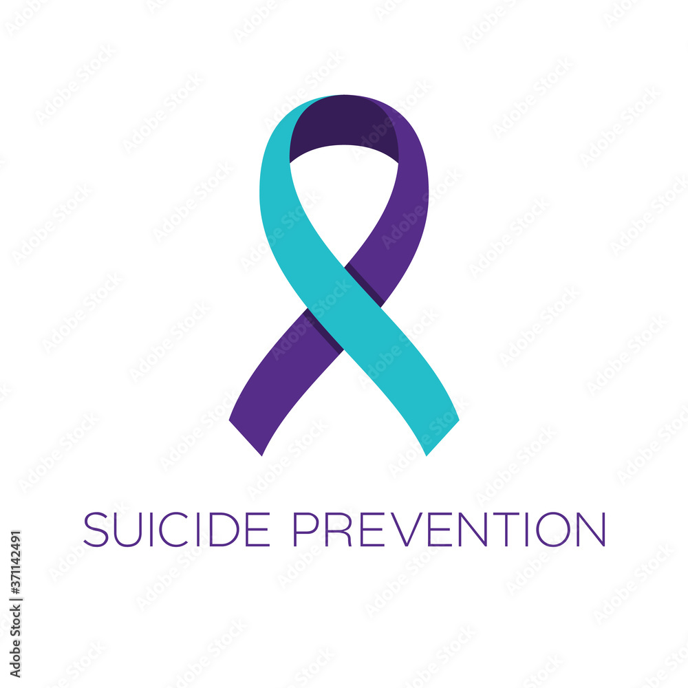 Teal and purple suicide prevention awareness ribbon with text "SUICIDE PREVENTION" below.