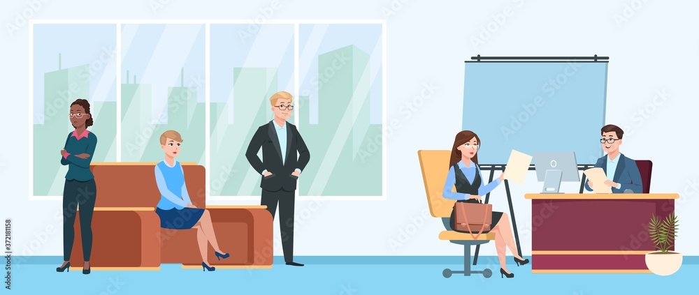 Diverse business team in modern office setting with meeting, reception, and waiting area scenes.