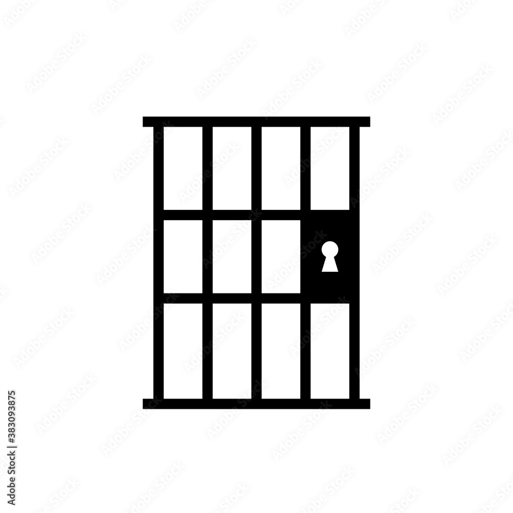 Black silhouette of a barred prison door with a keyhole on white background.