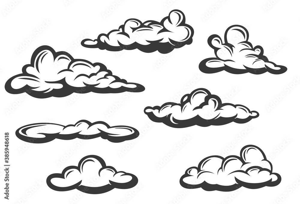 Black-and-white stylized cartoon cloud illustrations in various shapes and sizes, ideal for graphic design or comic art.