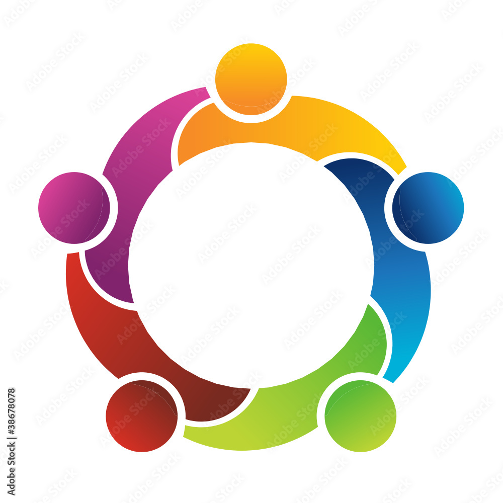 Five colorful stylized human figures forming a circle around a central white space, symbolizing unity and collaboration.