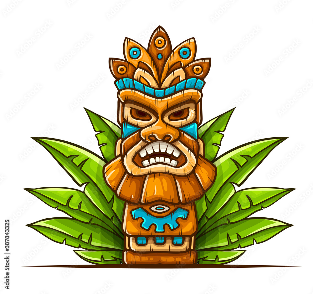 Carved wooden tiki mask with blue accents, feathered crown, and tropical leaves background.
