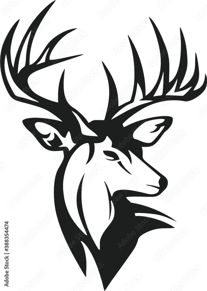 Stylized black-and-white vector illustration of a majestic deer head with large antlers in profile view.