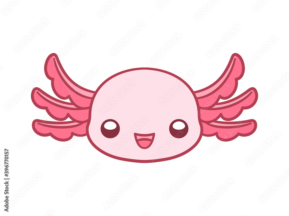 Cute pink axolotl with feathery gills and a smiling face, kawaii-style illustration.