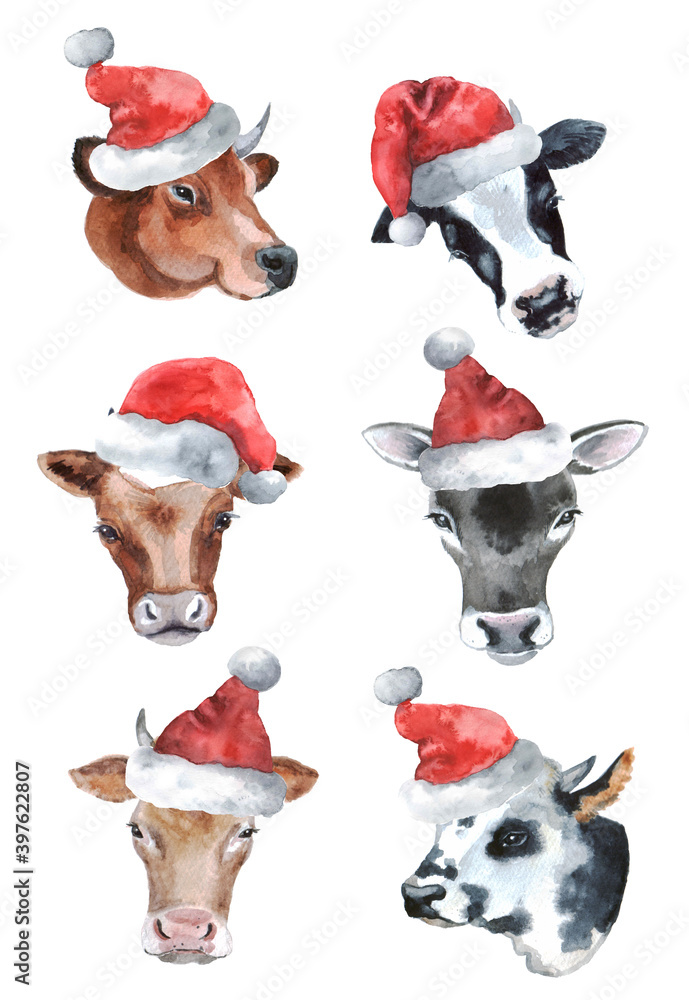 Six watercolor cow heads wearing red Santa hats, arranged in a 3x2 grid on white background.