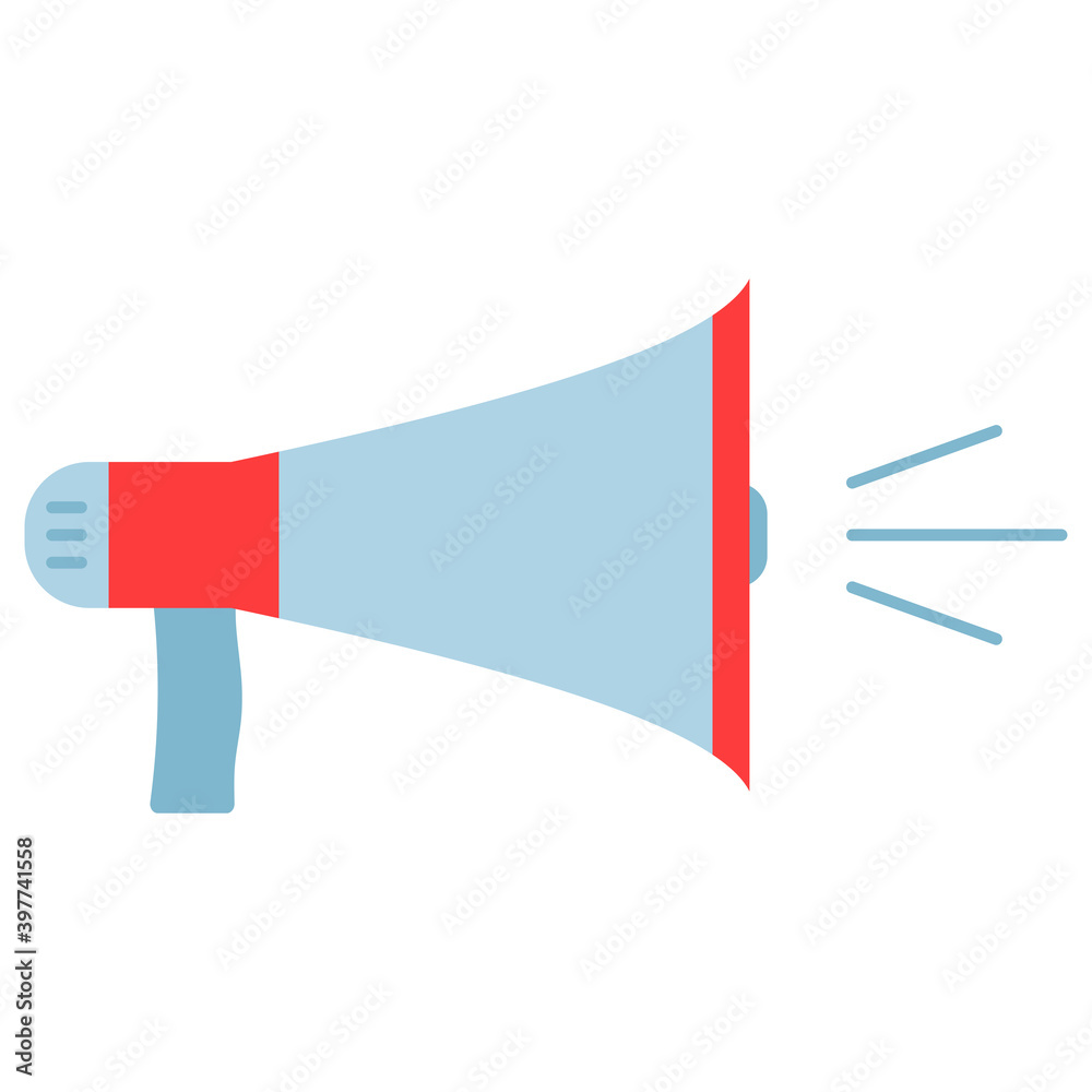 Blue and red megaphone icon emitting sound waves, symbolizing announcement or amplification.