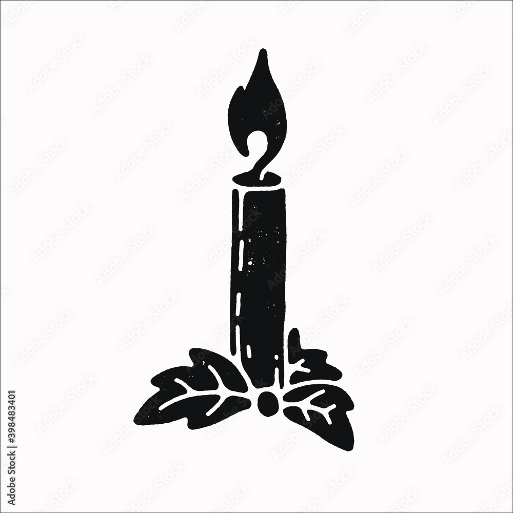 Black silhouette of a lit candle with flame, resting on decorative leaf base, in vintage woodcut style.