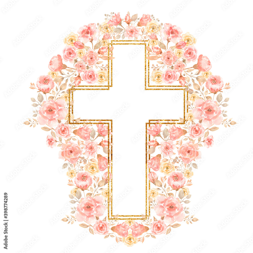 Watercolor floral cross with pink and peach roses, gold glitter frame on white background.