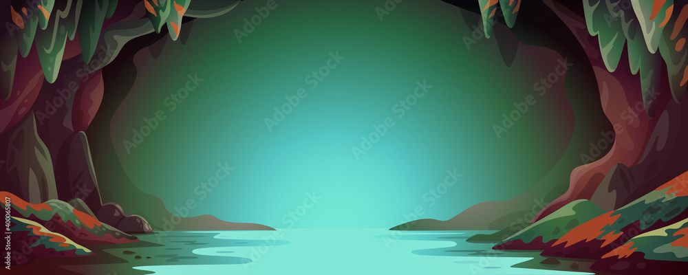 A vibrant cartoon-style cave entrance with glowing teal water and mossy rock formations framing the scene.