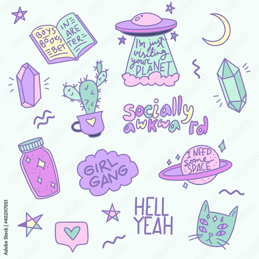 Pastel-colored doodle set with UFO, cactus, crystals, cat, and phrases like "Socially Awkward" and "I Need Some Space".