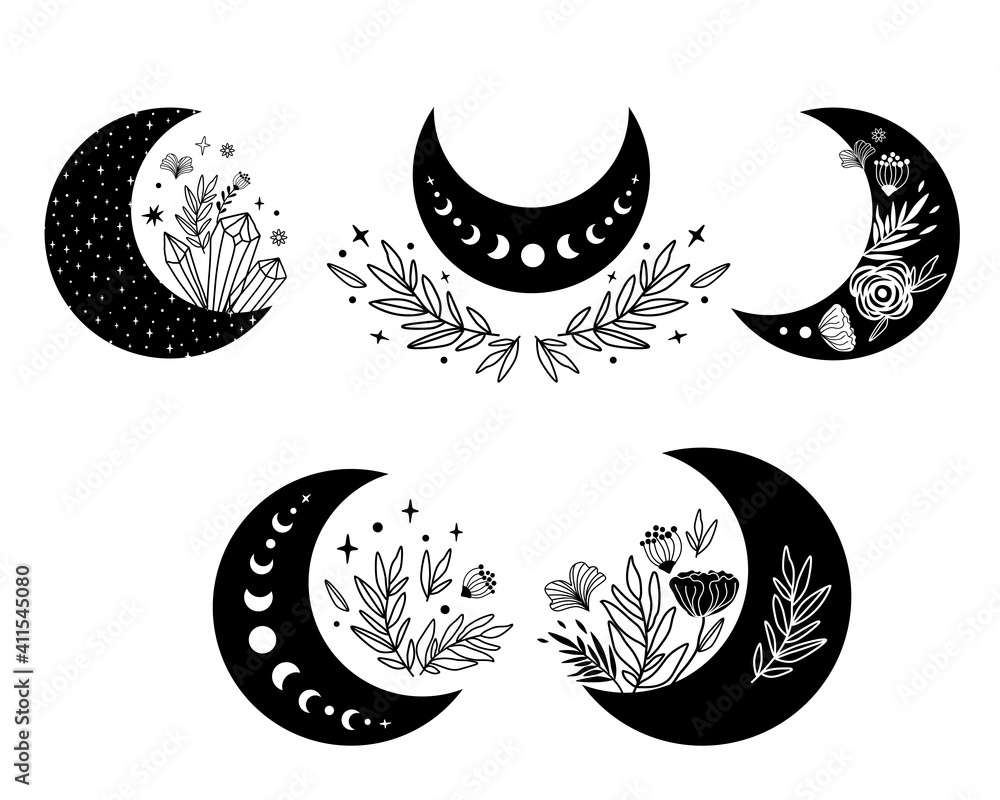Bohemian Moon Phase Illustrations - Floral & Celestial Crescent Designs