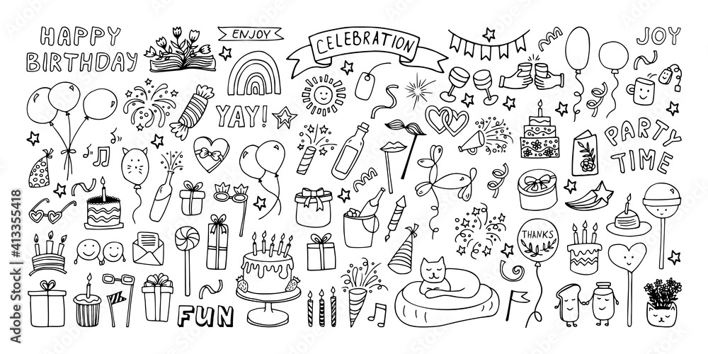Free Birthday Celebration Doodle Clipart Set - Fun & Festive Illustrations