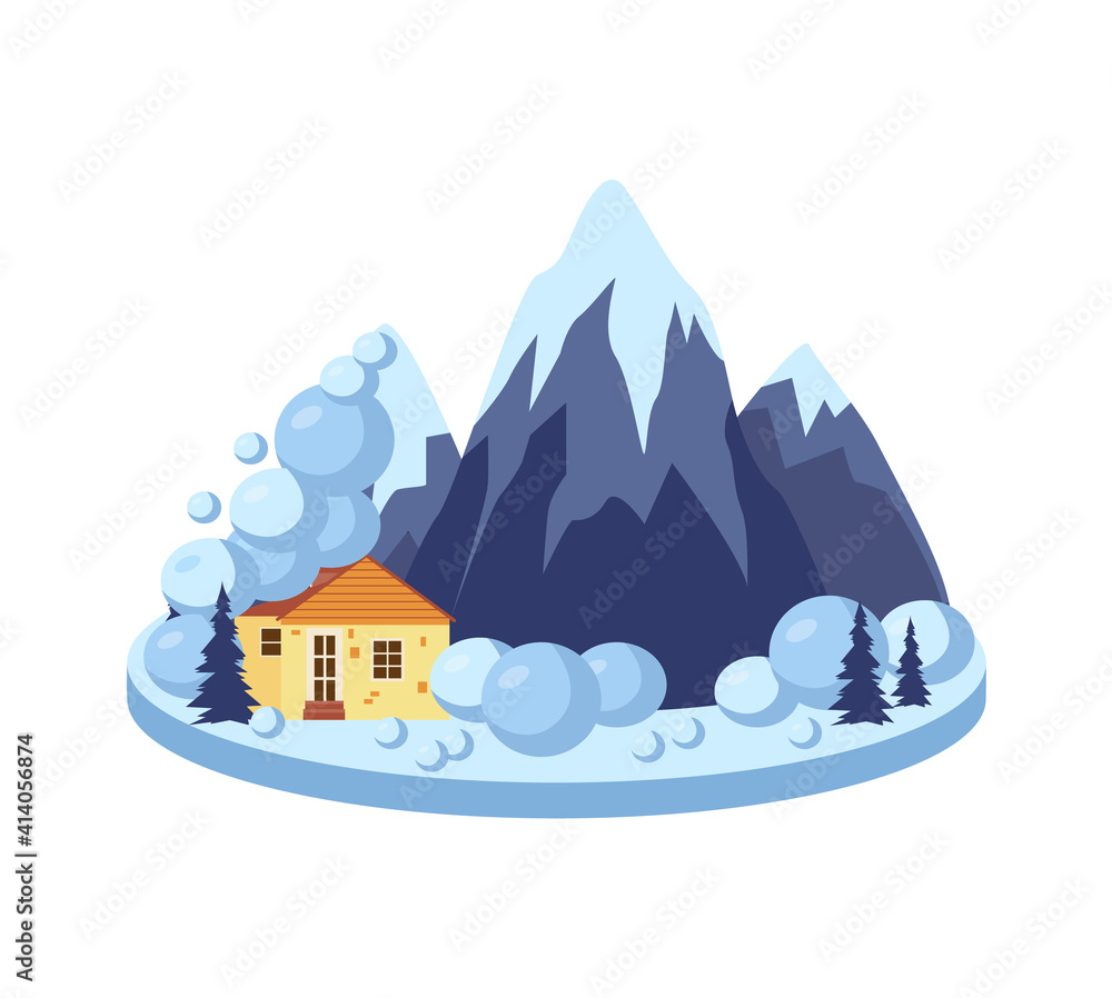 Cozy yellow cabin with smoke rising, nestled in snowy mountains with evergreen trees and snowballs.