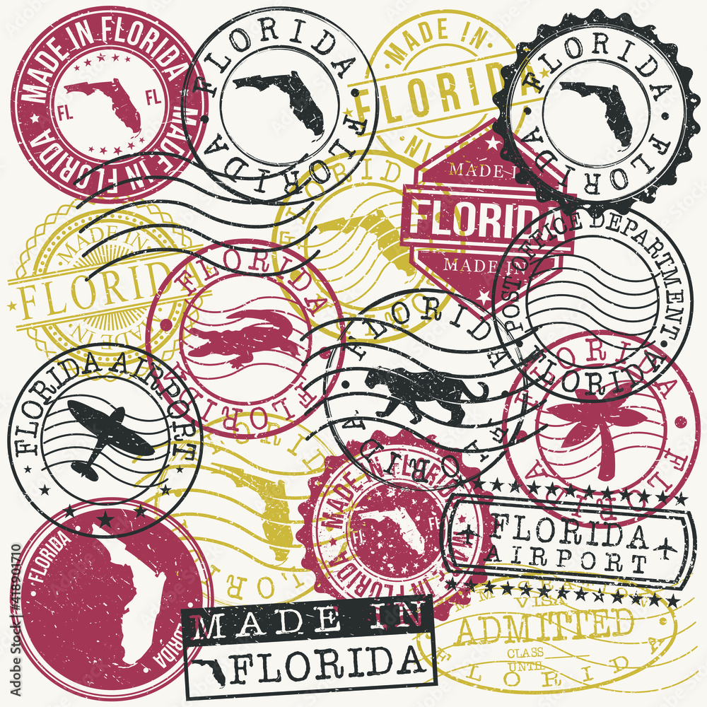 Vintage-style Florida-themed postage stamps and seals with state outline, alligator, palm tree, airplane, and "Made in Florida" text.