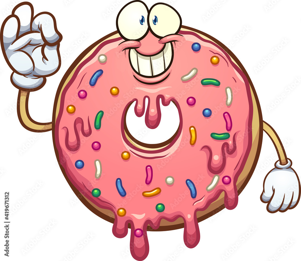 Cheerful pink-frosted donut mascot with sprinkles, waving hand, and big smile.