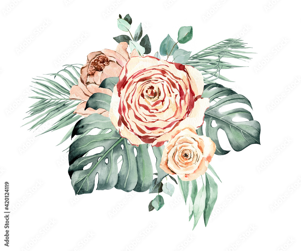 Elegant Watercolor Floral Bouquet - Peach Roses & Tropical Leaves