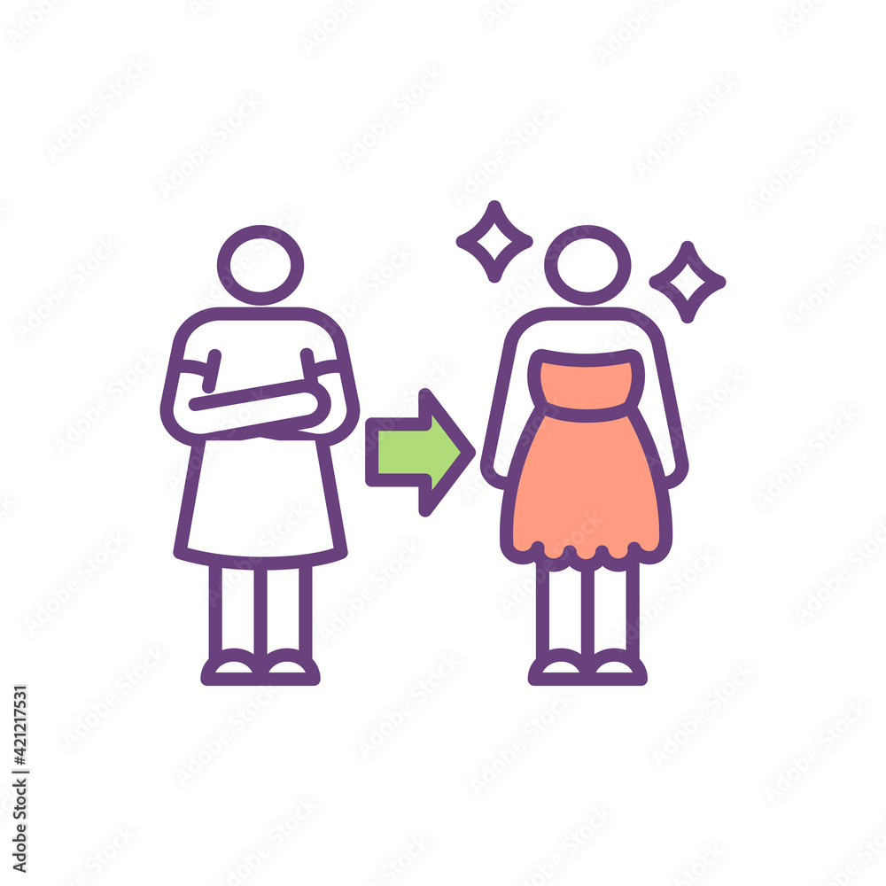 Person transforms from plain outfit to stylish dress with sparkle effects, symbolizing fashion makeover or confidence boost.