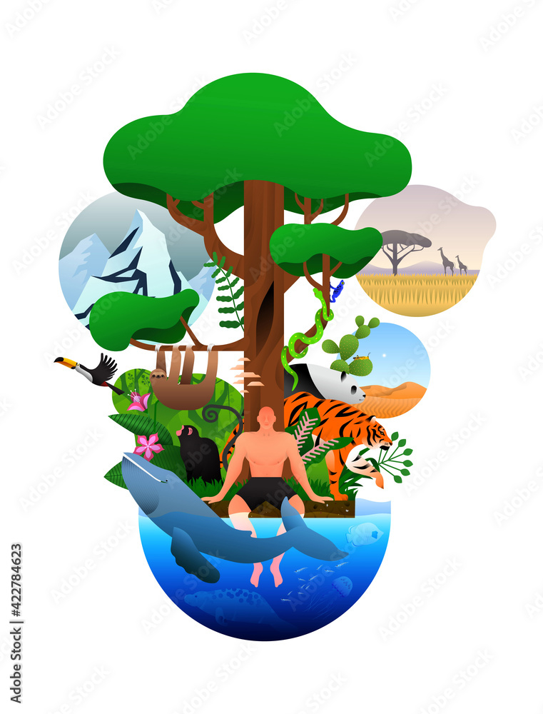 A stylized tree with a human at its base surrounded by diverse ecosystems and wildlife including whales, tigers, pandas, and mountains.