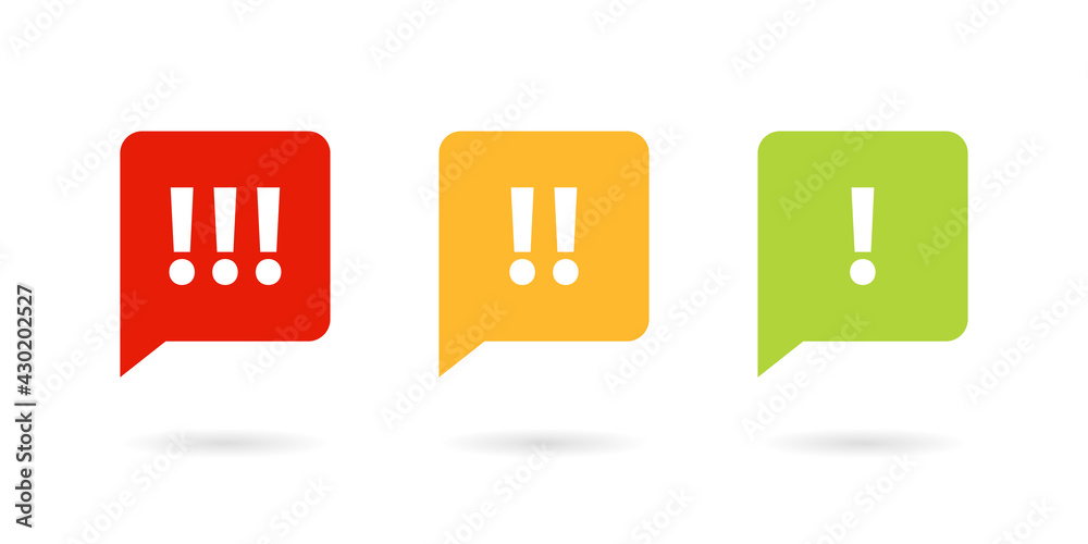 Three colorful speech bubbles with exclamation marks: red (three marks), orange (two), green (one), indicating alert levels.