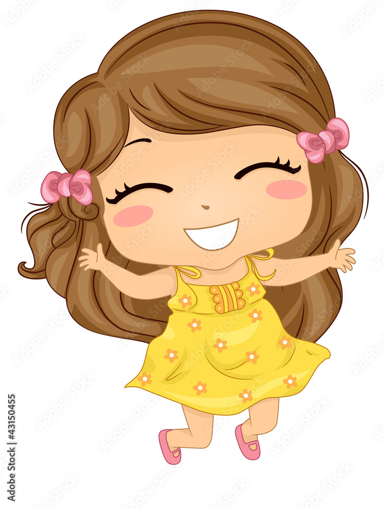 Cheerful cartoon girl with brown hair, pink bows, and yellow floral dress jumping joyfully.