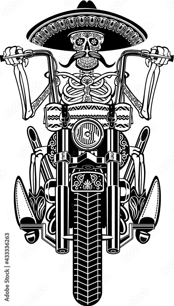 A stylized black-and-white skeleton wearing a sombrero rides a heavily decorated chopper motorcycle with Day of the Dead motifs.