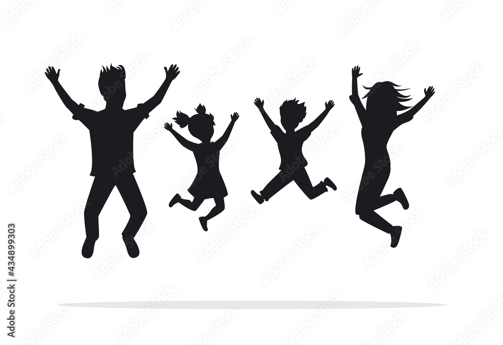 Silhouette of four joyful children jumping mid-air with arms raised against a white background.
