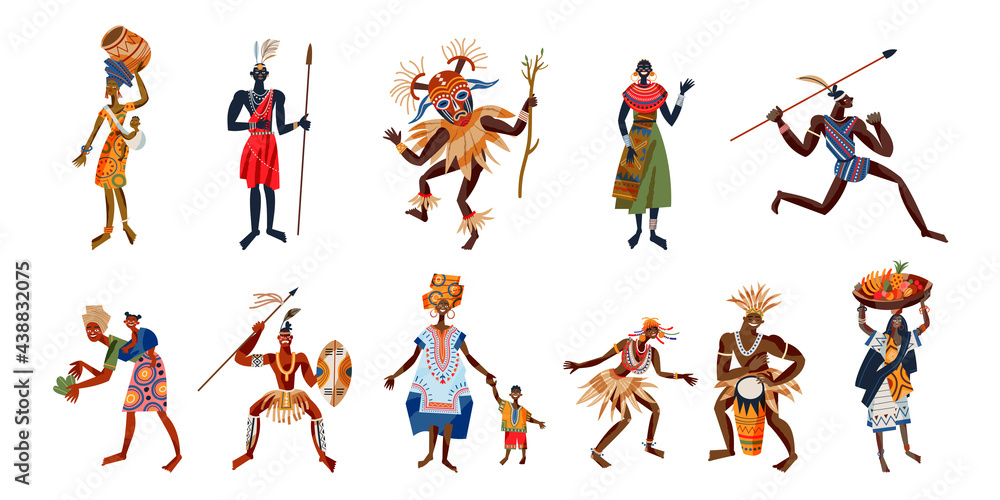 Diverse African tribal figures in traditional attire, masks, and ceremonial gear performing dances, carrying goods, and holding tools.
