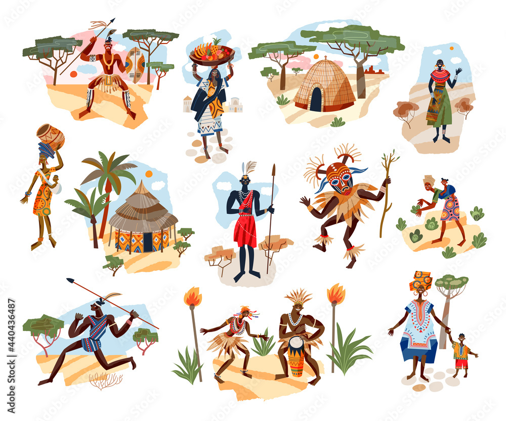 Vibrant illustration of diverse African tribal people in traditional attire, performing daily activities, rituals, and dances in savanna settings.