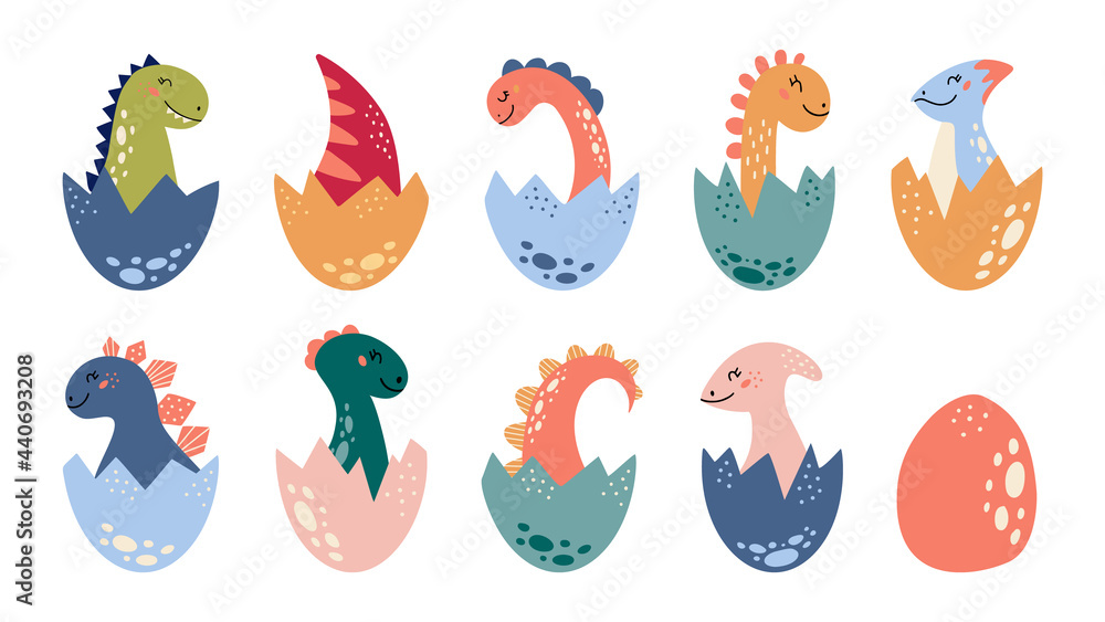 Ten colorful cartoon baby dinosaurs hatching from speckled eggs in playful poses.