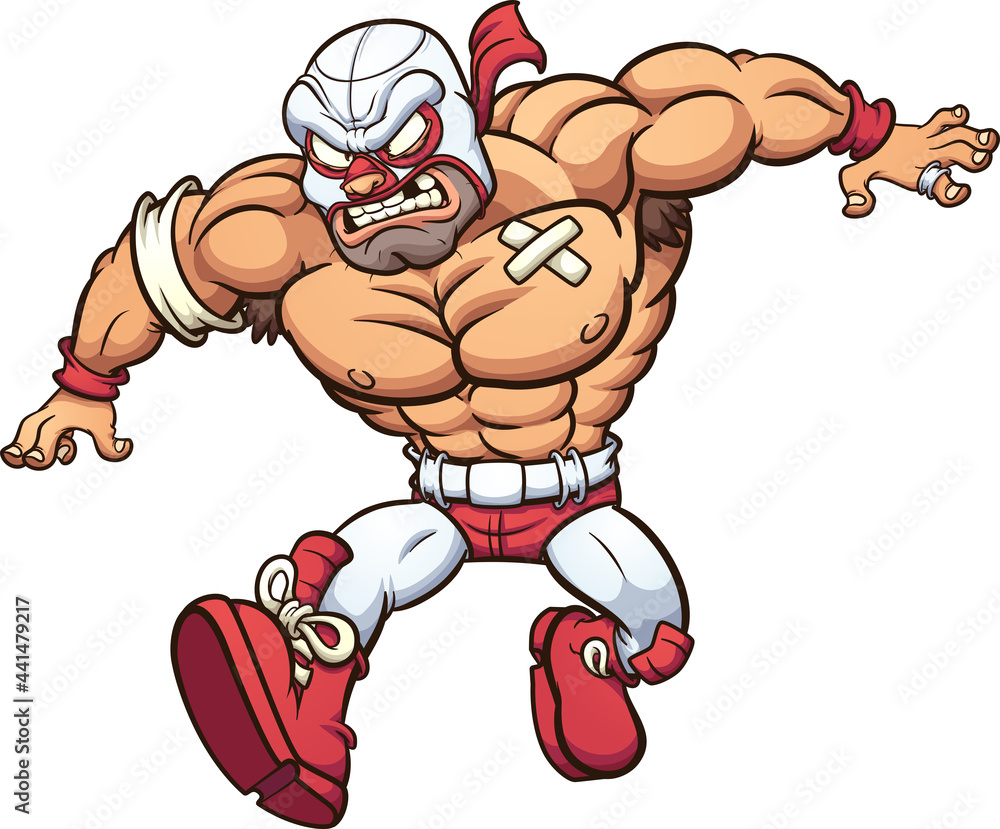 Muscular luchador wrestler in white mask and red trunks lunging forward with fierce expression and bandaged chest.