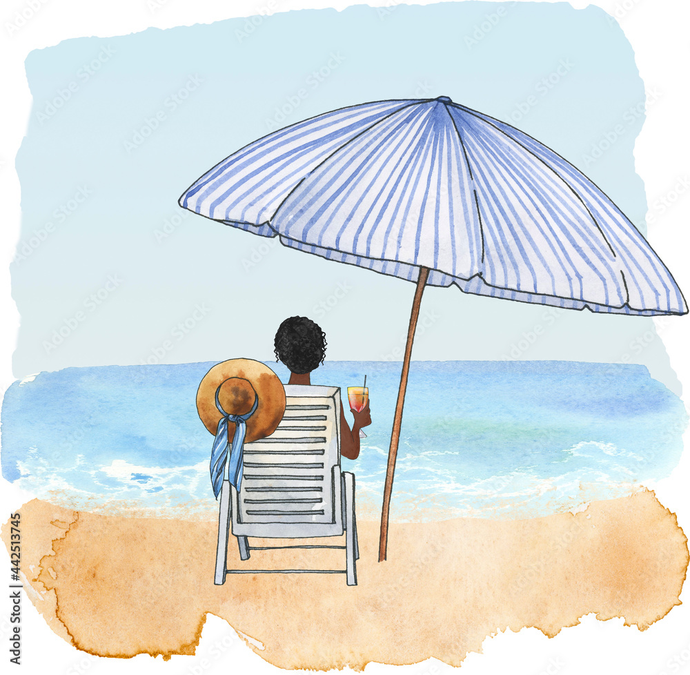 A person with curly hair sits in a white beach chair under a blue-and-white striped umbrella, holding a drink and gazing at the ocean.