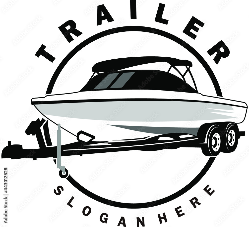 Black-and-white logo showing a speedboat on a dual-axle trailer, encircled by "TRAILER" and "SLOGAN HERE" text.