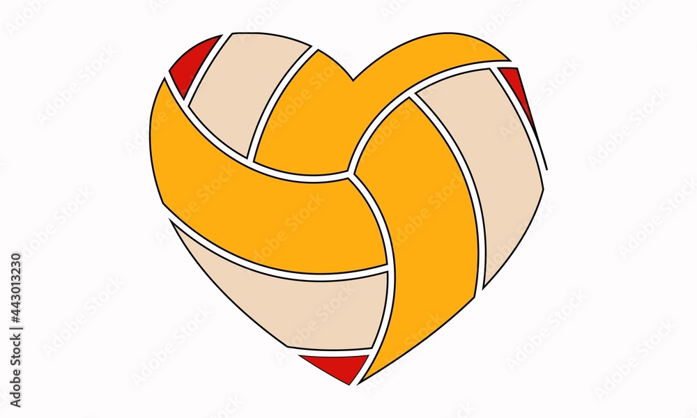 Heart-shaped volleyball with orange, beige, and red panels outlined in white.