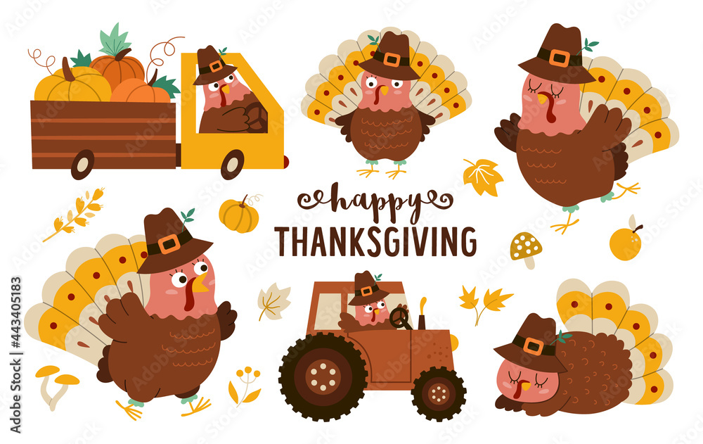 Cute cartoon turkeys in pilgrim hats, pumpkins, tractor, and truck-festive Thanksgiving illustration.