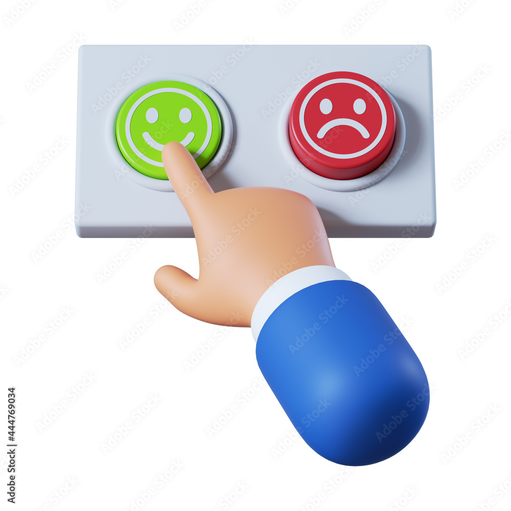 A hand pressing a green smiley feedback button next to a red frowny button on a gray panel.