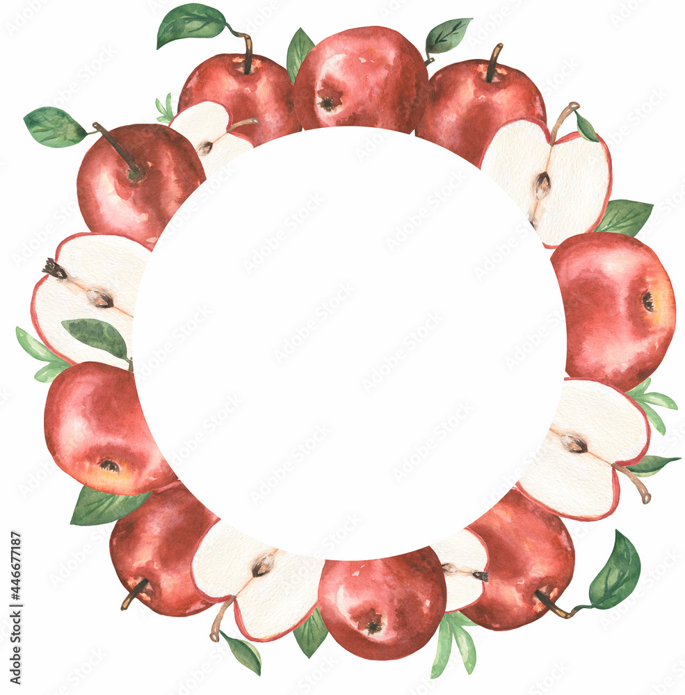 Watercolor apple wreath with whole and sliced red apples and green leaves surrounding a central white circle.