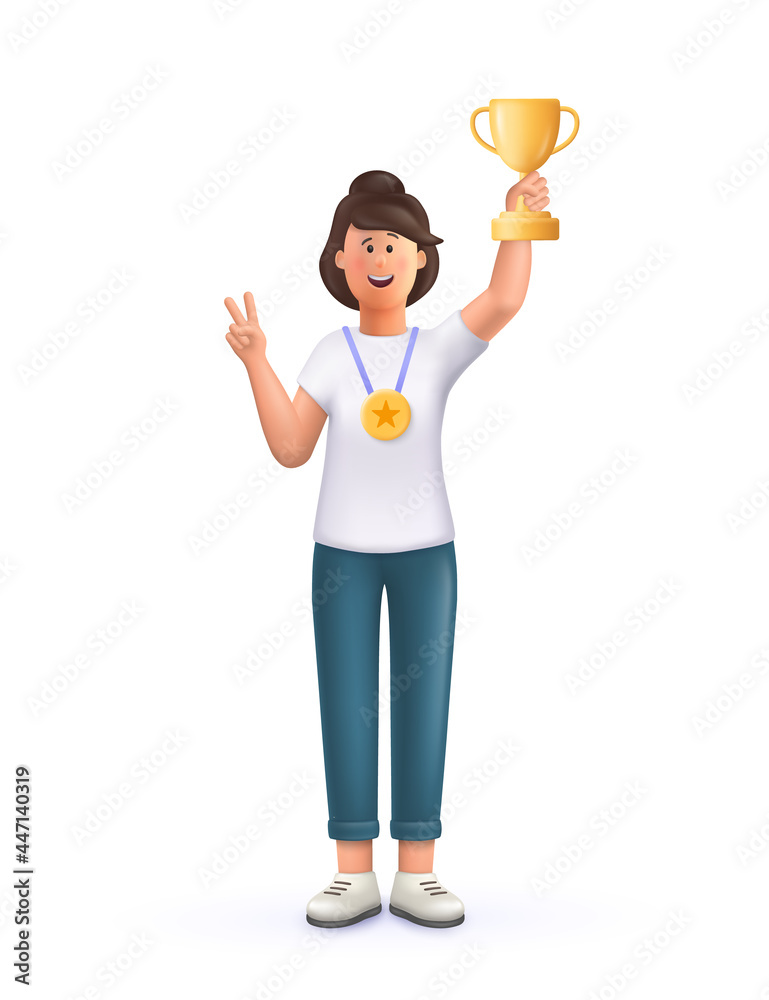 Happy woman holding golden trophy and medal, making peace sign, celebrating victory.