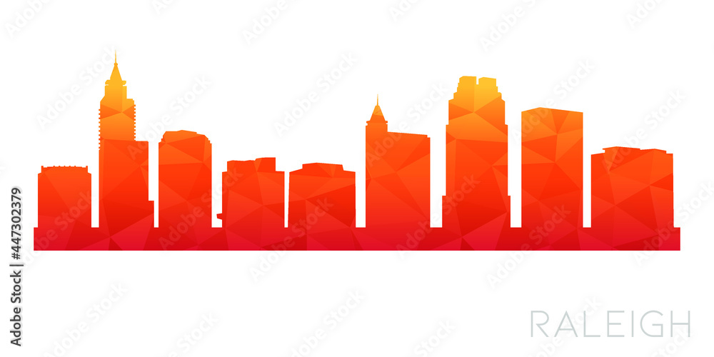 Stylized low-poly skyline of Raleigh, North Carolina in gradient orange-to-red tones with city name labeled.