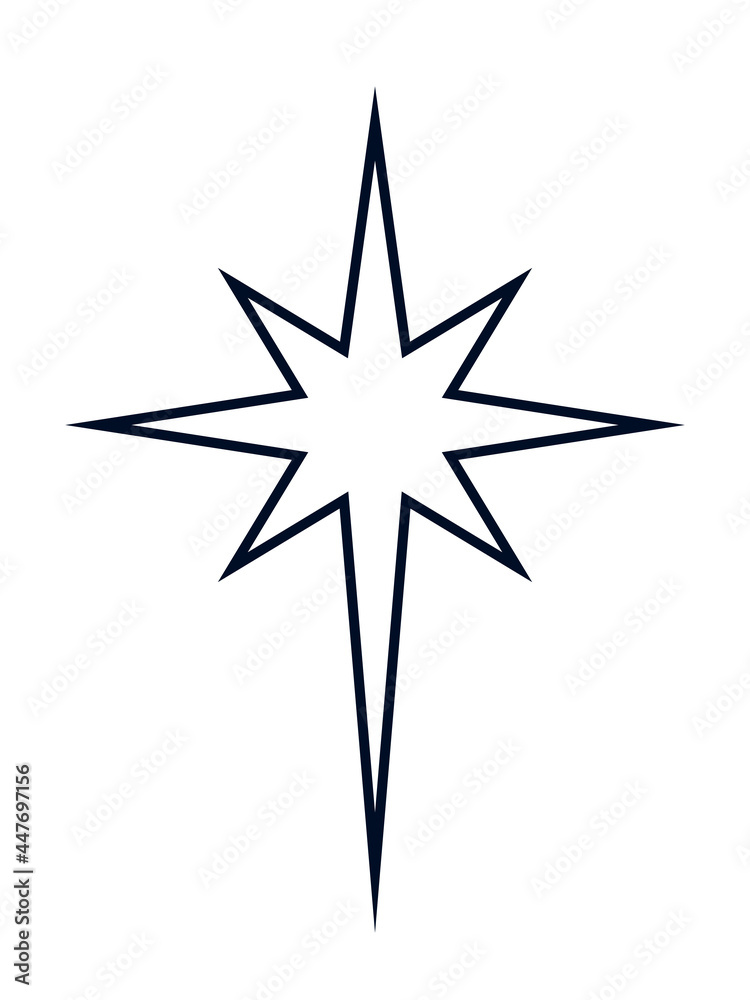 Black outline of an eight-pointed starburst symbol on white background, stylized like the Star of Bethlehem.