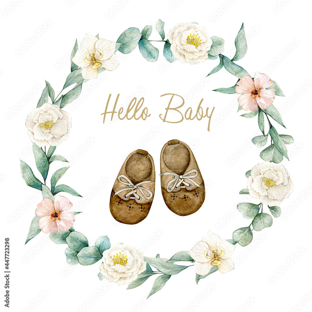 Watercolor floral wreath with baby shoes and "Hello Baby" text, ideal for baby shower or newborn announcement.