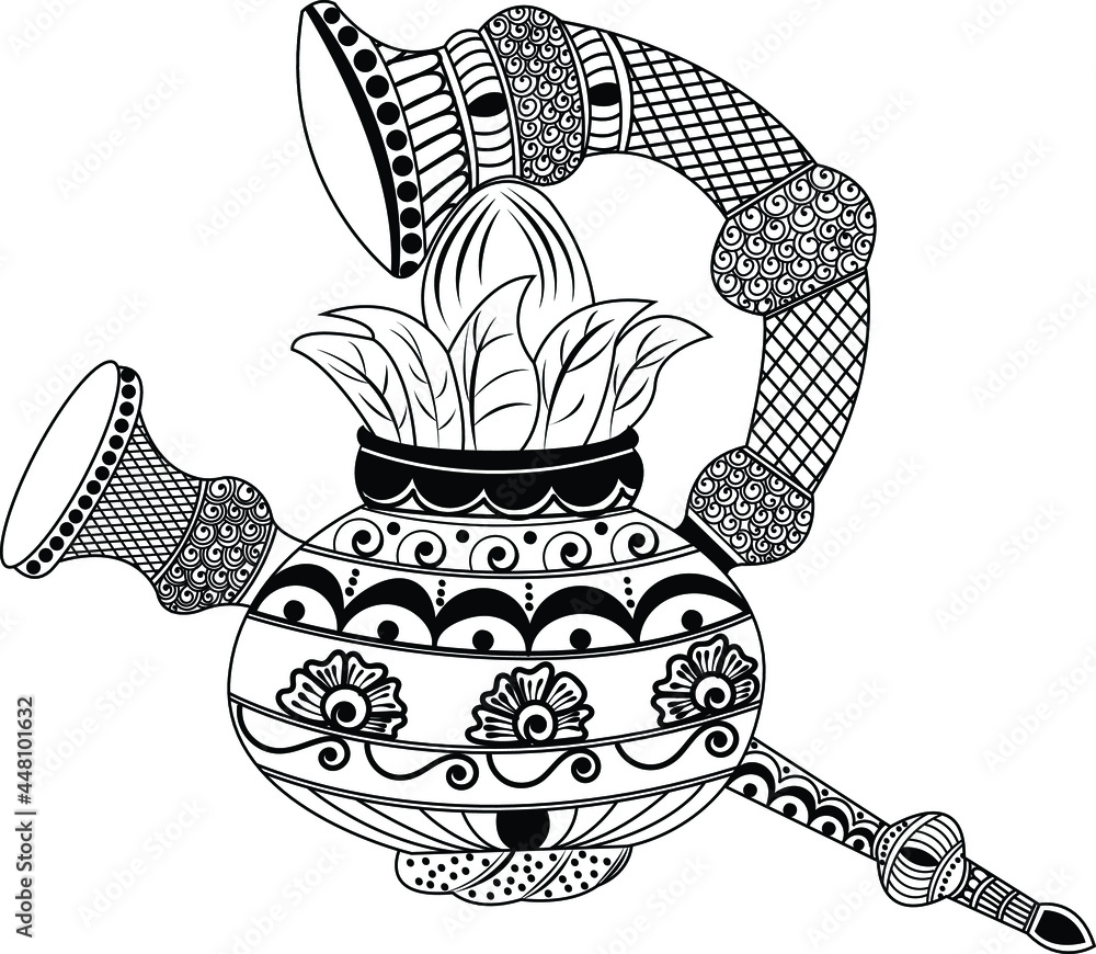 Intricate black-and-white zentangle-style illustration of a decorative teapot with ornate patterns and leafy spout overflow.